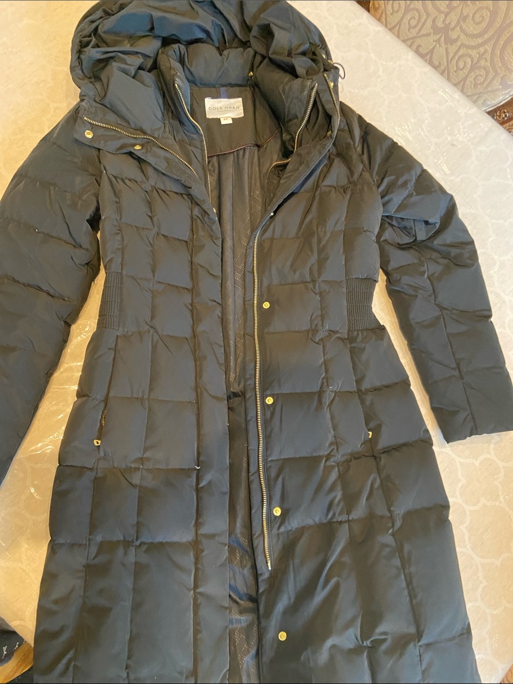 Cole Haan Black Quilted Long Puffer Coat with Hood